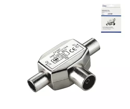 DINIC splitter 2x coaxial coupling to 1x coaxial plug, 2 radios to 1 antenna socket, metal